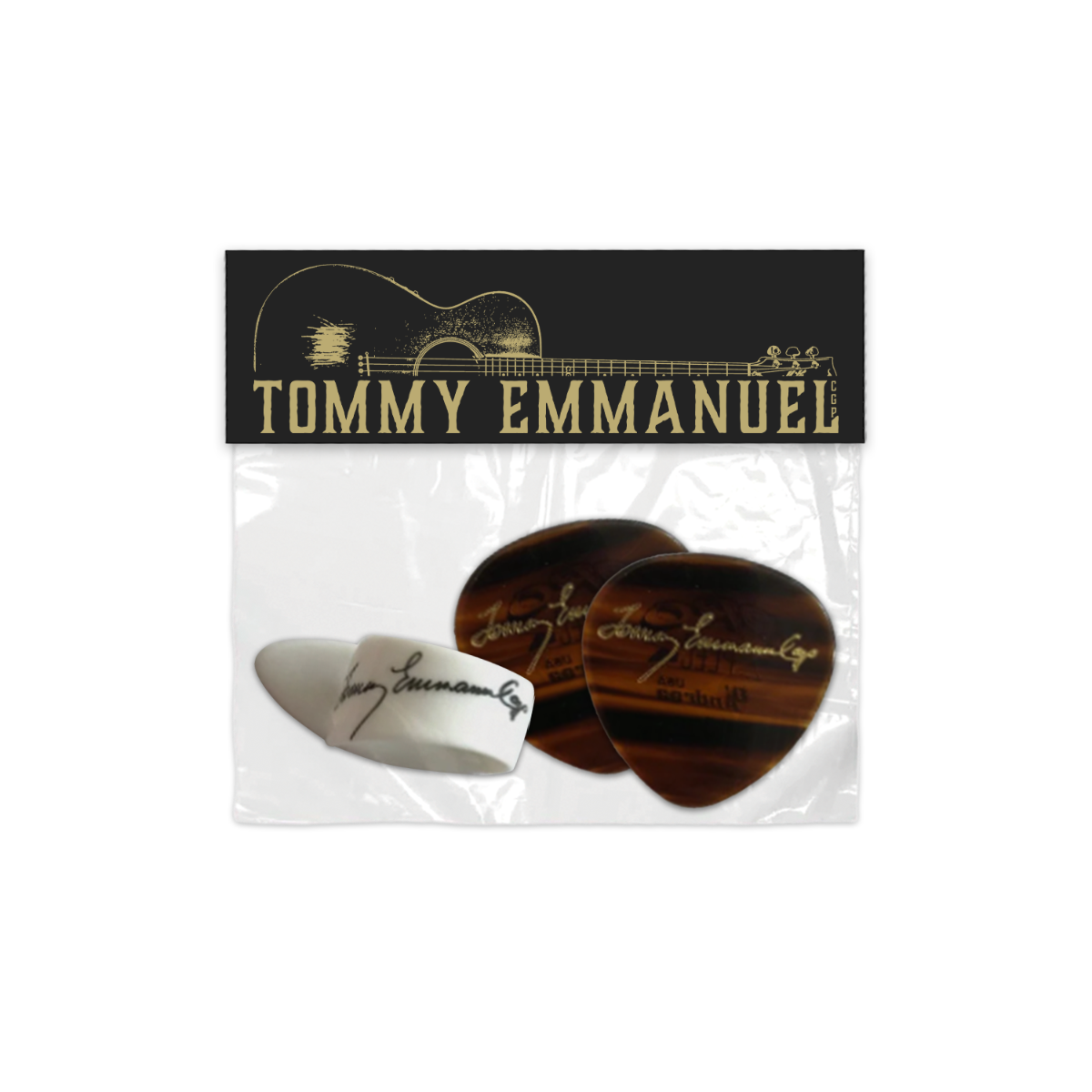 Packaged guitar picks with Tommy Emmanuel branding.